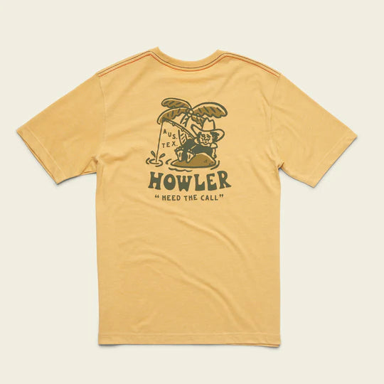 Yellow graphic tee with cartoon cowboy fishing on an island with "Howler heed the call" written under it