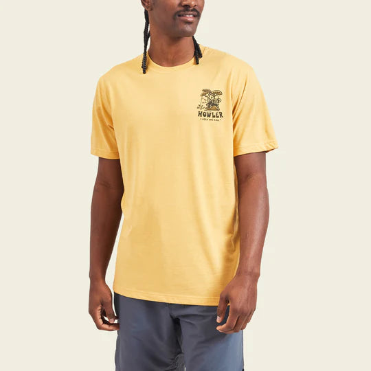 Yellow graphic tee with cartoon cowboy fishing on an island with "Howler heed the call" written under it