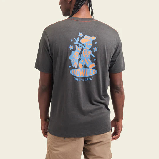 Grey t-shirt with cartoon cowboy carrying a fish in a blue and orange colorway with words "howler heed the call" under the image