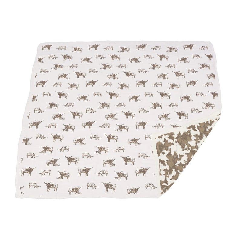 LONGHORN PRINT BABY BLANKET WITH COWHIDE PRINT ON THE BACK