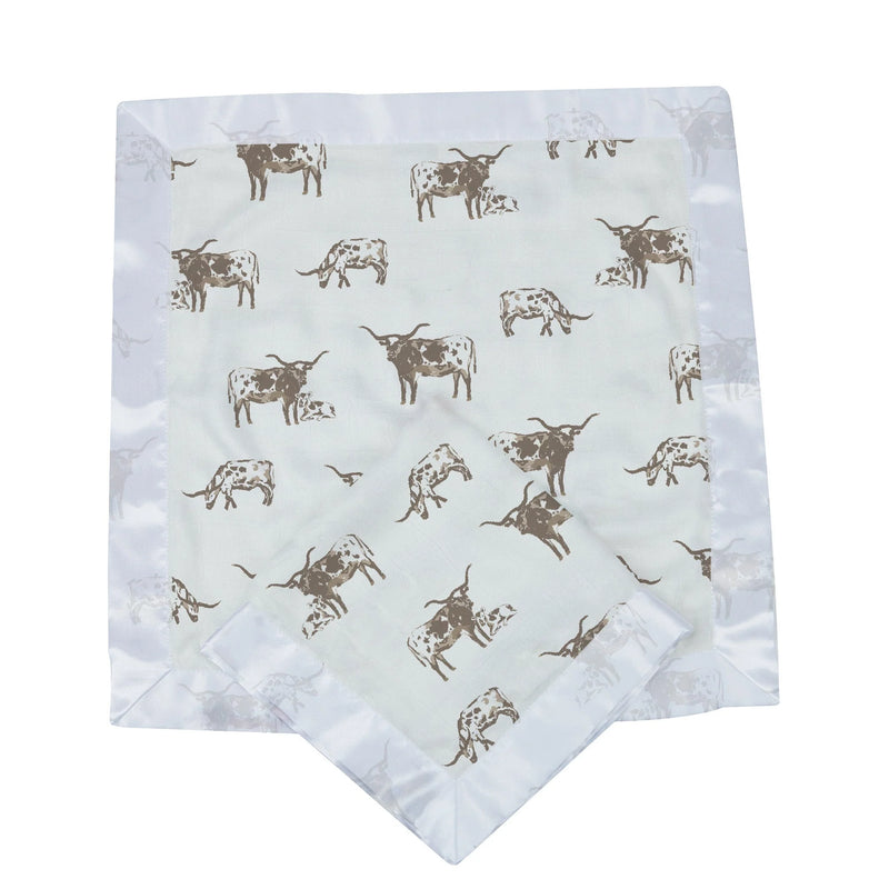 Two identical blankies in texas longhorn print all over