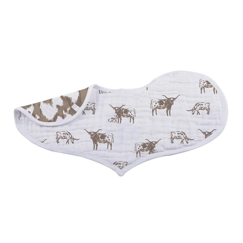 Set of two burp cloths. One white with mustangs throughout and the other with white background with longhorns all over and cow print on the opposite side