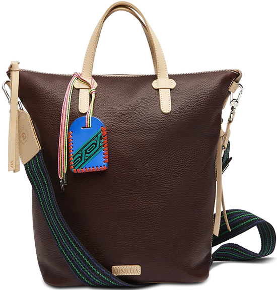 BROWN LEATHER BAG WITH TAN STRAP AND CROSSBODY STRAP