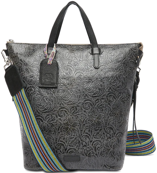 GREY AND BLACK ORNATE FLORAL DESIGN ON BAG WITH SHORT HANDLE AND CROSSBODY STRAP