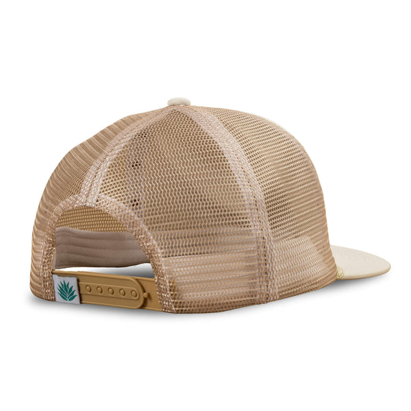 Tan and brown trucker hat that says "Cowboy Hat Sendero Provisions Co. Trademark 2014" on the front