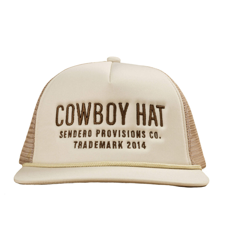 Tan and brown trucker hat that says "Cowboy Hat Sendero Provisions Co. Trademark 2014" on the front