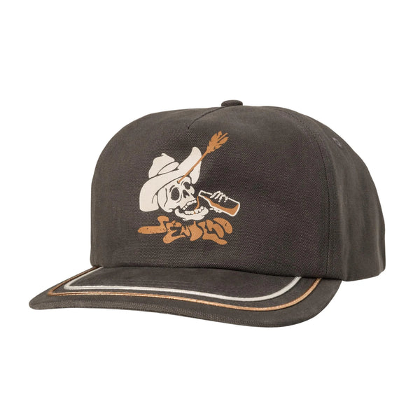 Grey trucker cap with white skull wearing a cowboy hat pouring beer in its mouth with script "Sendero"
