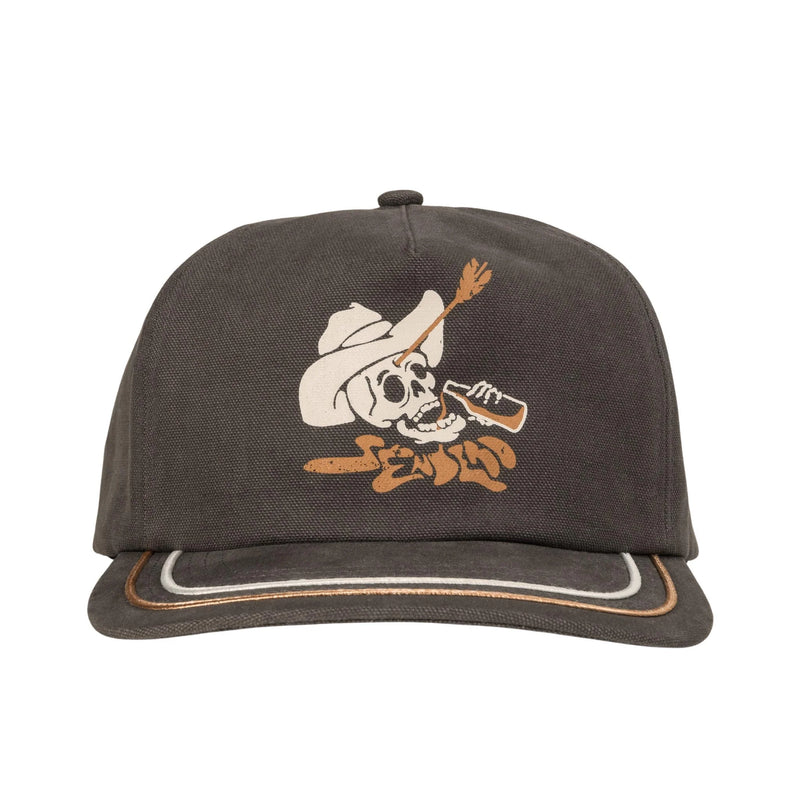 Grey trucker cap with white skull wearing a cowboy hat pouring beer in its mouth with script "Sendero"