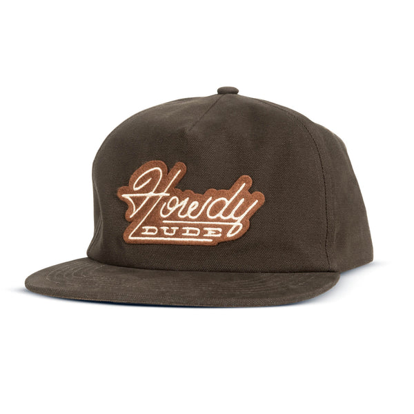 Brown snap back cap with brown and white patch that says "Howdy Dude" 