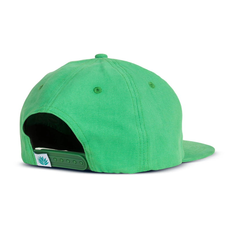 Green snapback hat with white circle patch on the front with a cactus waving and wearing a cowboy hat with script "reach for the sky Sendero Provisions Co." around it and a green flower embroidered on the side of the hat