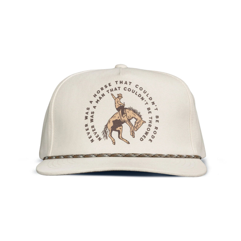 White trucker hat with cowboy on bucking bronc with script "Never was a horse that couldn't be rode Never was a man that couldn't be throwed"