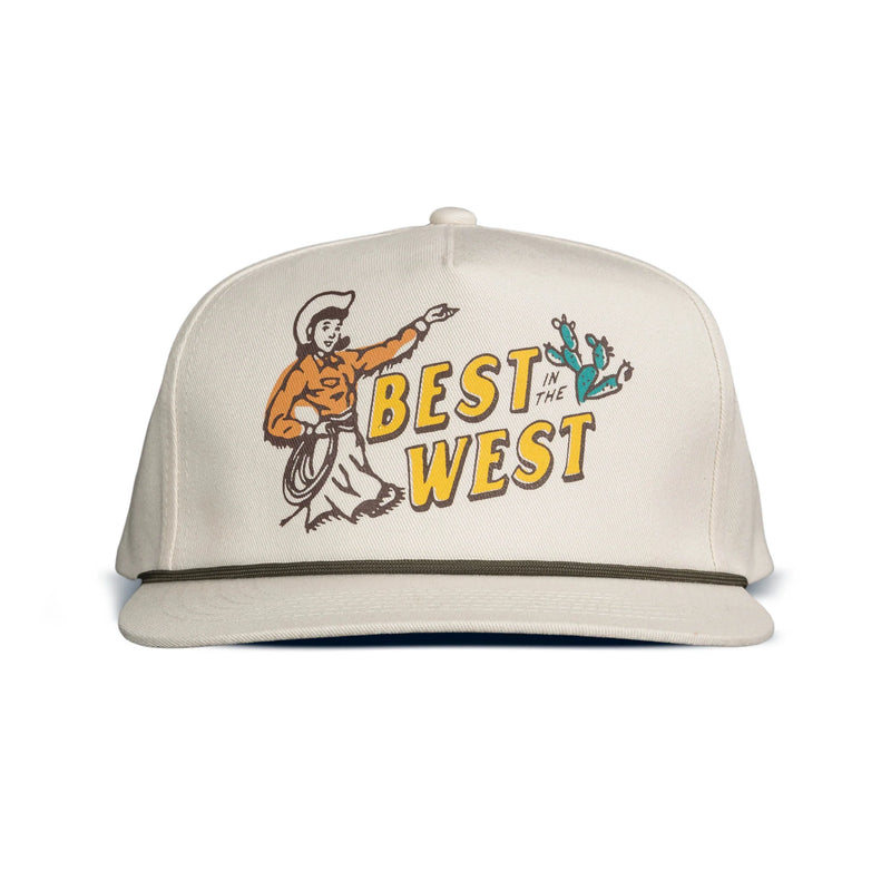 White trucker hat with image of a cowgirl and cactus with script "Best in the West" on the front in an orange, green and yellow color way