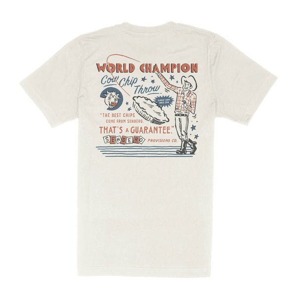 SENDERO COUNTY FAIR T-SHIRT - Back Print "World Champion Cow Ship Throw. The best chips come from Sendero. That's a guarantee. Sendero Provisions Co.