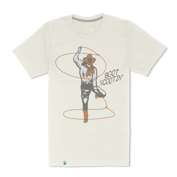 SENDERO BOOT SCOOTIN' T-SHIRT White with a cowboy dancing with 2 lassos and the words "Boot Scootin'"  on the left of the cowboy