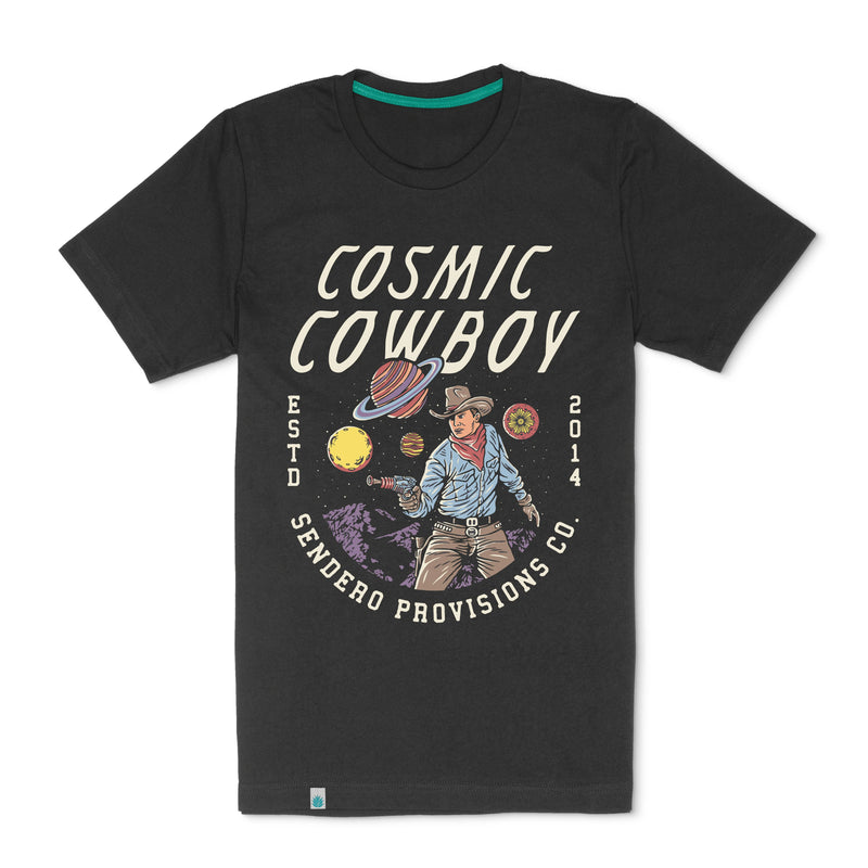 Black short sleeve shirt with script "cosmic cowboy ESTD 2014 Sendero Provisions Co." on front.