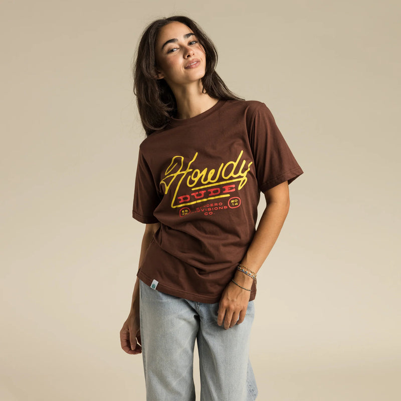 Brown short sleeve t-shirt with script "Howdy Dude Sendero Provisions Co. ESTD 2014" on the front in red and yellow writting