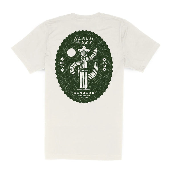 White t-shirt with graphic on the back of cactus waving with "reach for the sky sendero provisions"