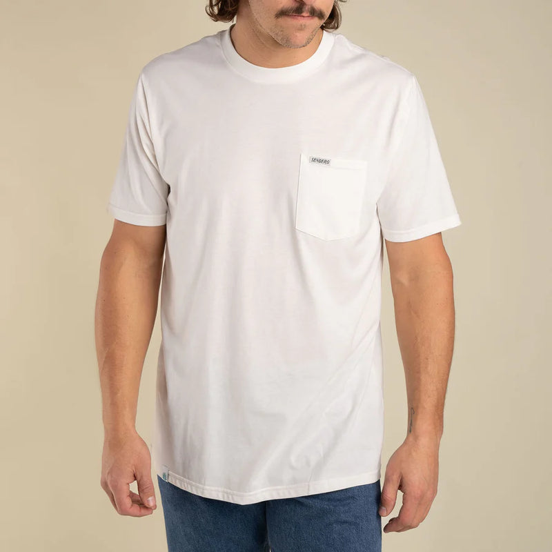 White t-shirt with graphic on the back of cactus waving with "reach for the sky sendero provisions"