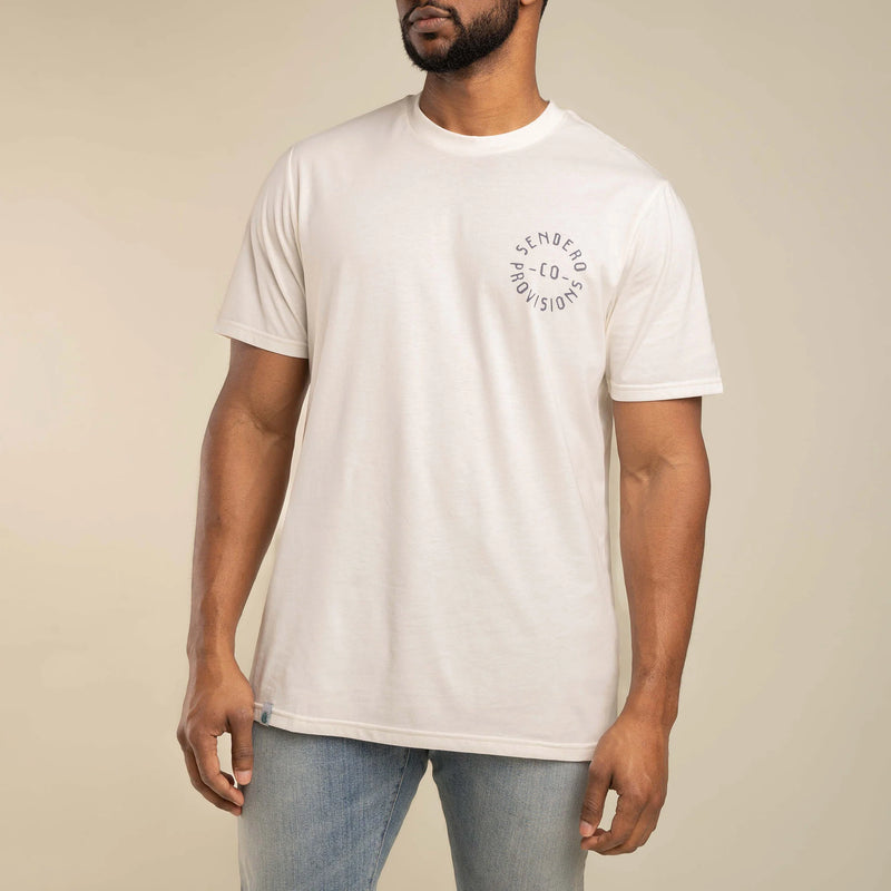 White short sleeve t-shirt with graphic of cartoon cowboy riding bronc with script behind that says "never was a horse that couldn't be rode never was a man that couldn't be throwed"