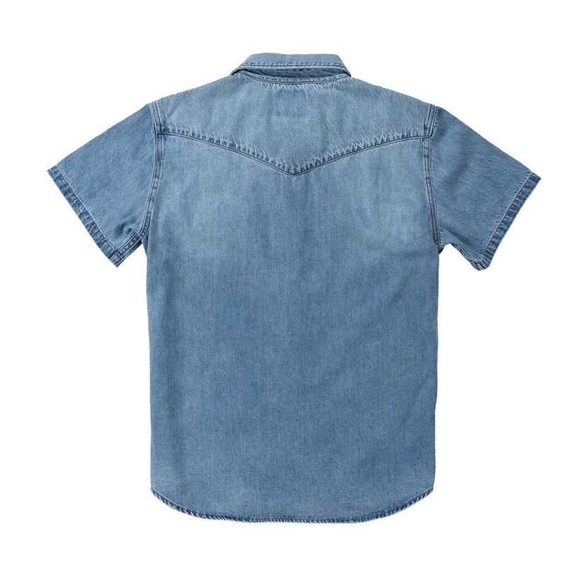 Short sleeve denim shirt with pearl naps, western yoke and double breast pockets with pearl snap closure