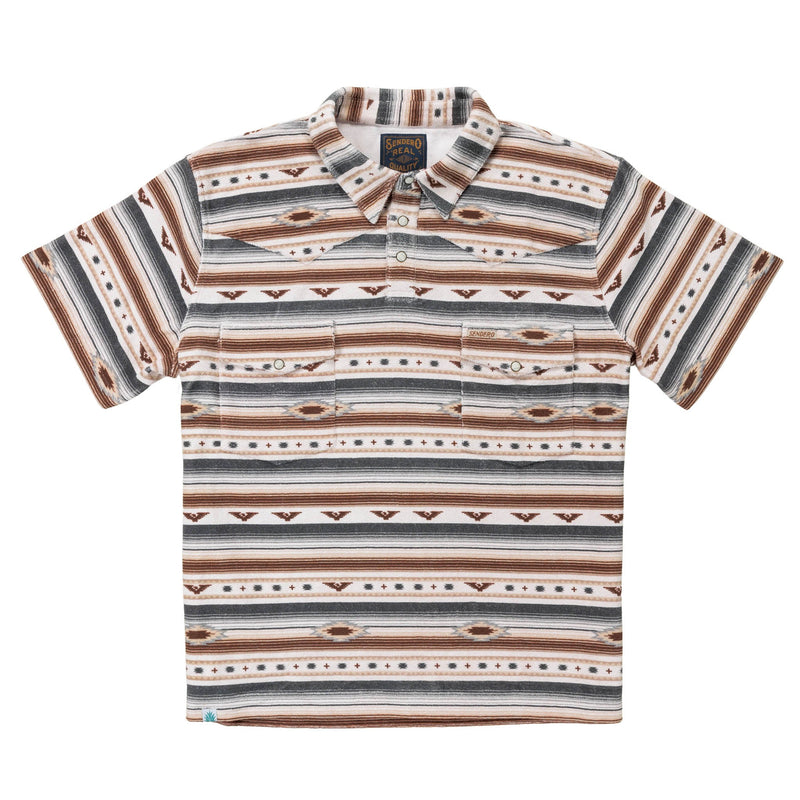 Men's polo in a terrycloth fabric with Aztec design with double breast pockets in a grey and brown colorway