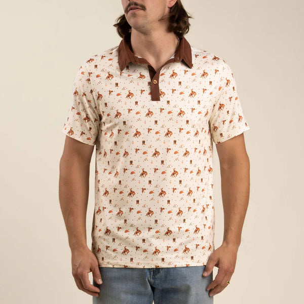 Cowboy riding a bronc pattern polo with brown collar