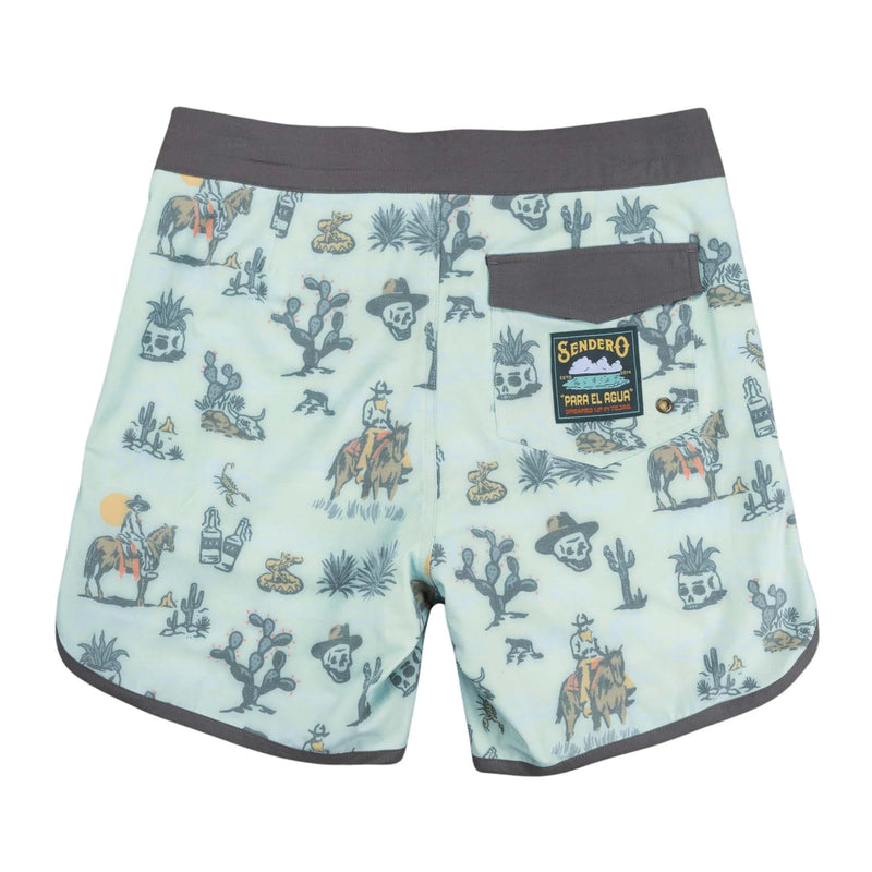 Men's board shorts with images of cartoon cowboy on horse, agave plant, alcohol. skulls, desert, scorpion and snakes all over