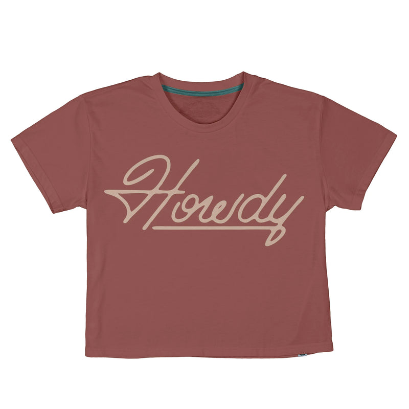 Cropped salmon color short sleeve t-shirt with "Howdy" written in white across the chest
