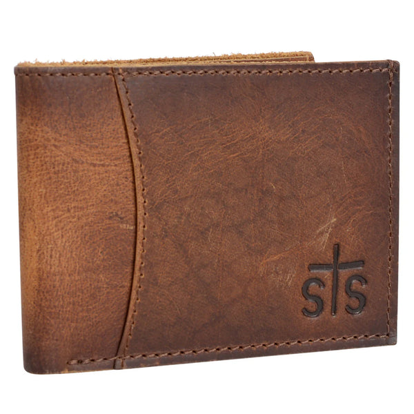 Brown leather wallet with 'sts' logo on a white background