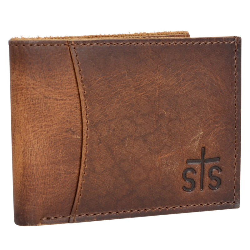 Brown leather wallet with 'sts' logo on a white background