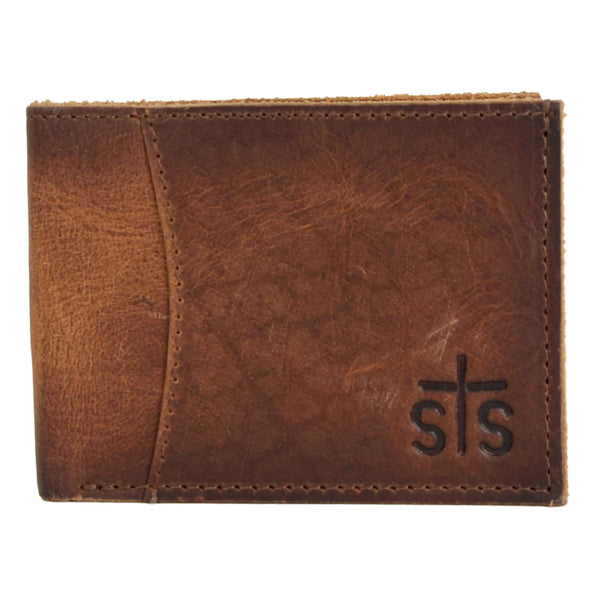 Brown leather wallet with 'sts' logo on a white background