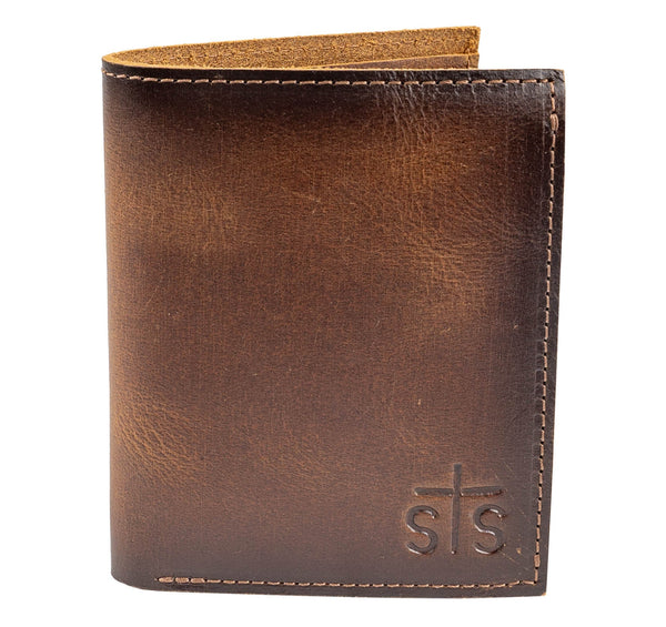 Brown leather wallet with 'sts' branding on a white background