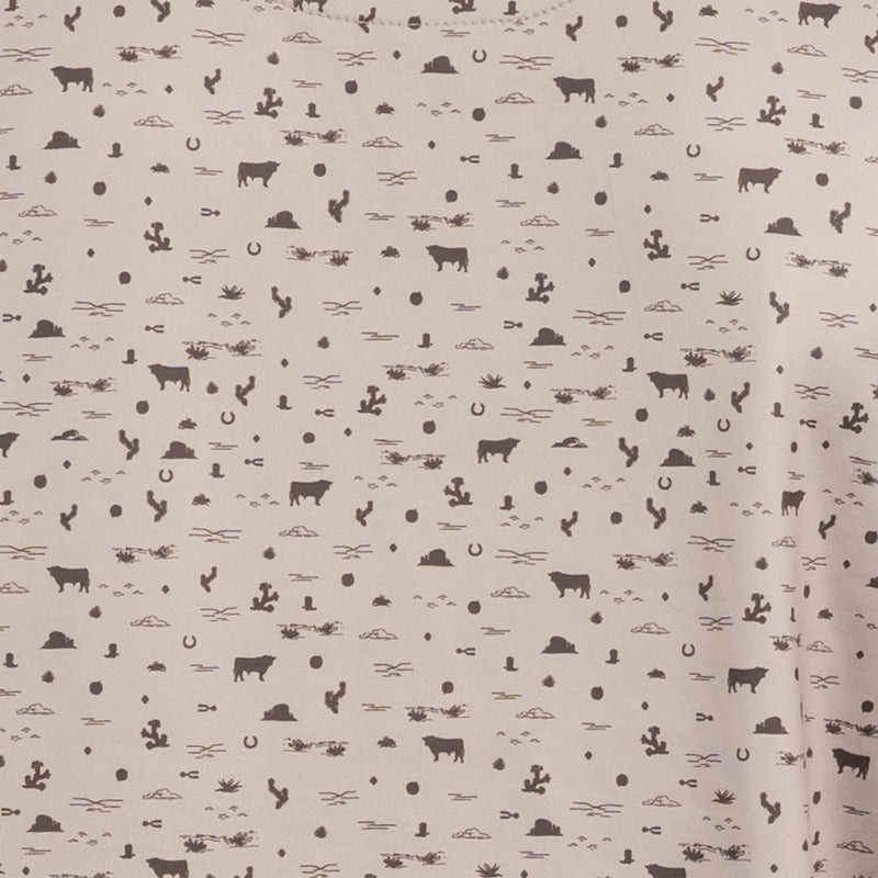 Pattern of cows and other farm-related items on a beige background