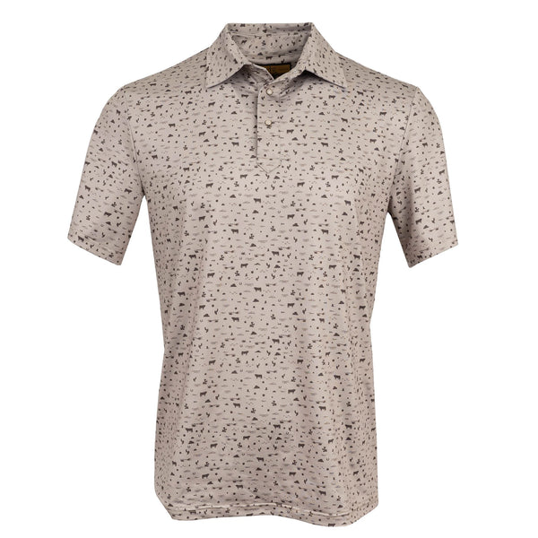 Beige short-sleeve polo shirt with subtle pattern on a white background