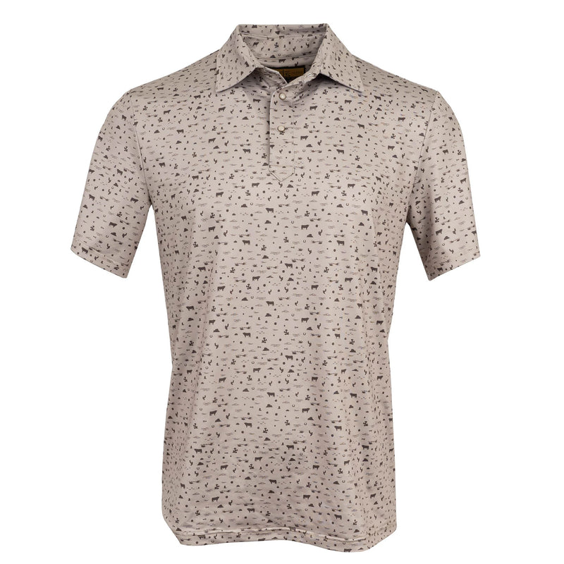 Beige short-sleeve polo shirt with subtle pattern on a white background