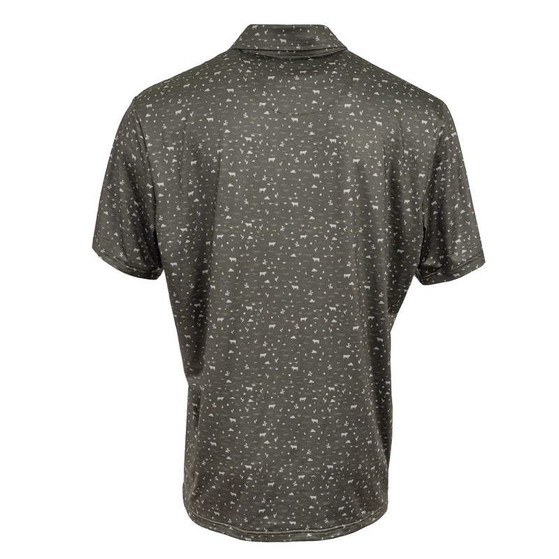 Dark gray polo shirt with subtle pattern on a white background