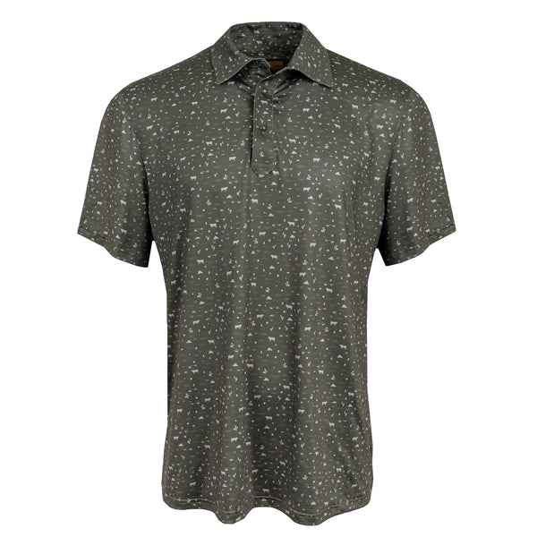 Dark gray polo shirt with subtle pattern on a white background