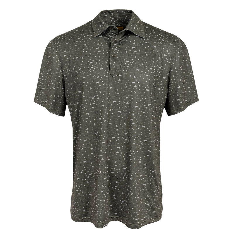Dark gray polo shirt with subtle pattern on a white background