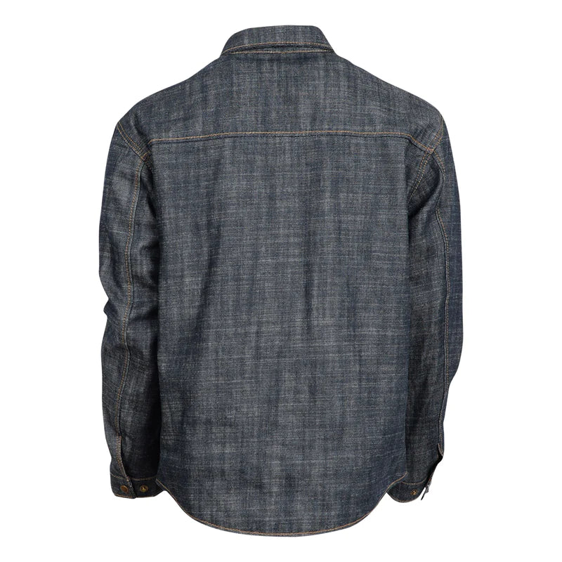 Heavy duty denim, lightly lined shirt jacket with double breast pockets and button front