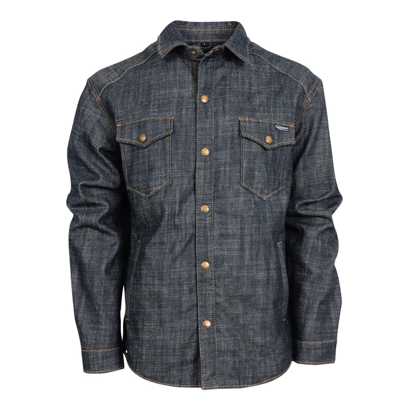 Heavy duty denim, lightly lined shirt jacket with double breast pockets and button front