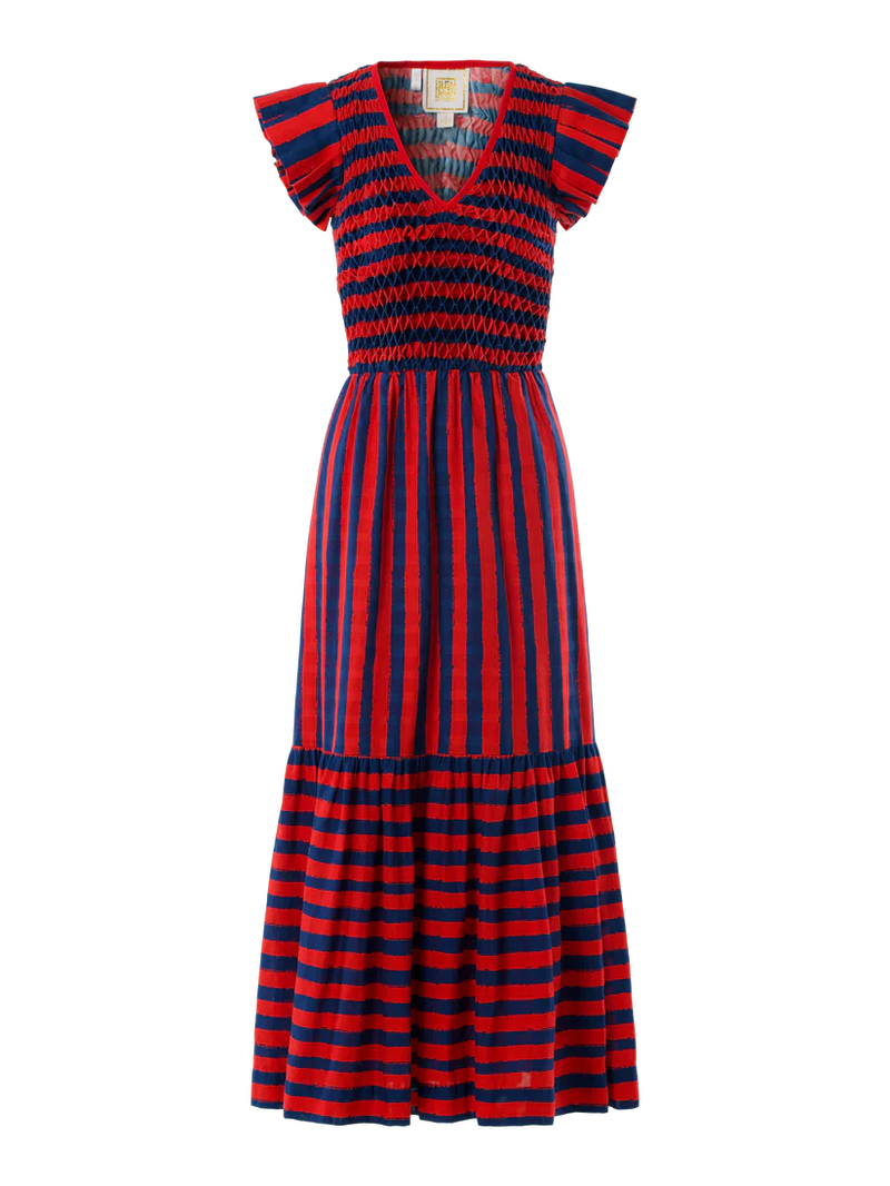 Red and blue striped dress with ruffled sleeves on a white background