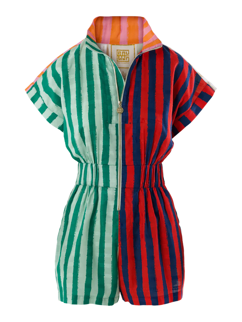 Colorful striped jumpsuit with a patterned collar on a white background