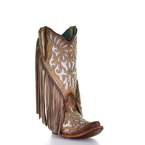 CORRAL WOMEN'S EMBROIDERY & FRINGE BROWN SNIP TOE WESTERN BOOTS