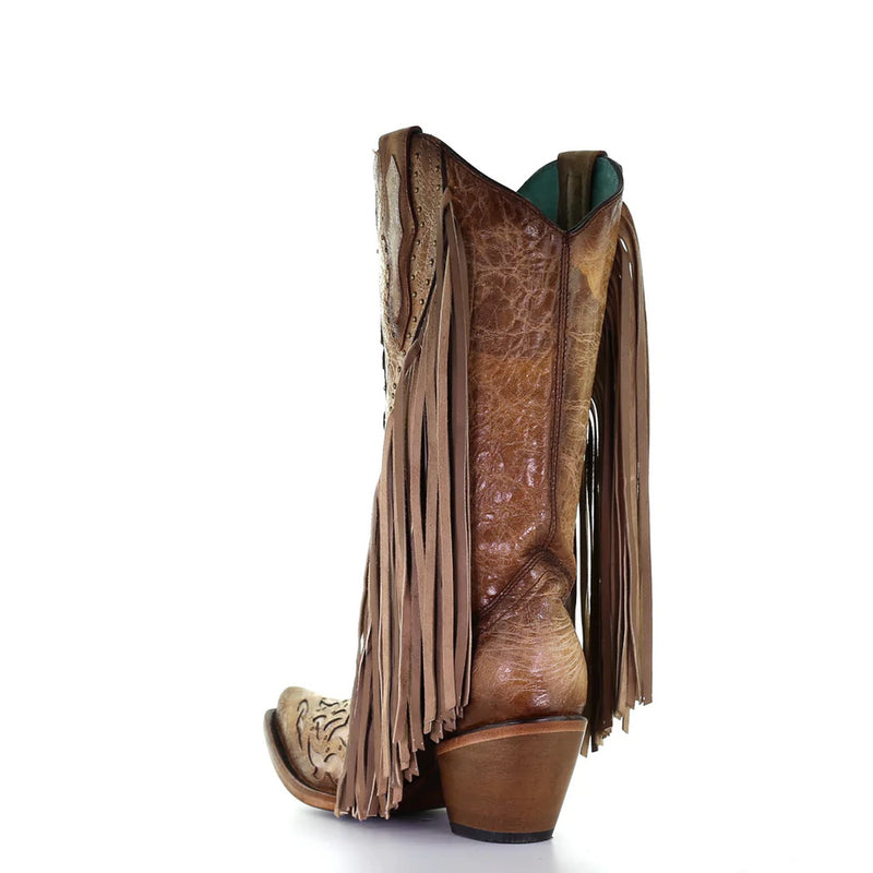 CORRAL WOMEN'S EMBROIDERY & FRINGE BROWN SNIP TOE WESTERN BOOTS