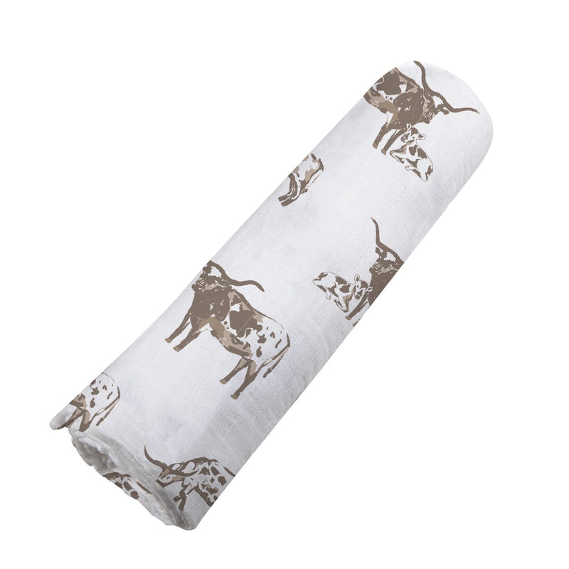 Soft as silk, breathable, pre-washed, muslin swaddle made from our natural bamboo fibers with longhorns all over