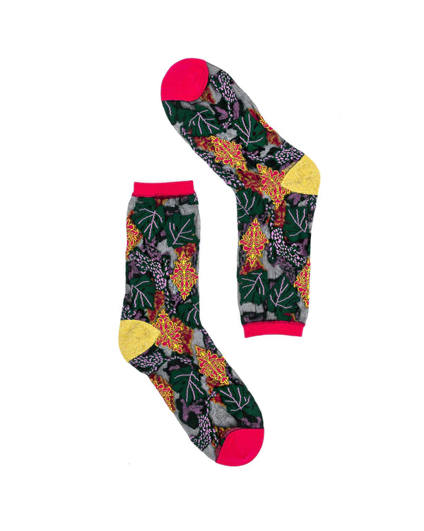 Sheer fashion sock with leaves and ornate embroidery all over