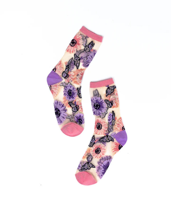 SOCK CANDY Sunflower Butterfly Sheer Crew Sock