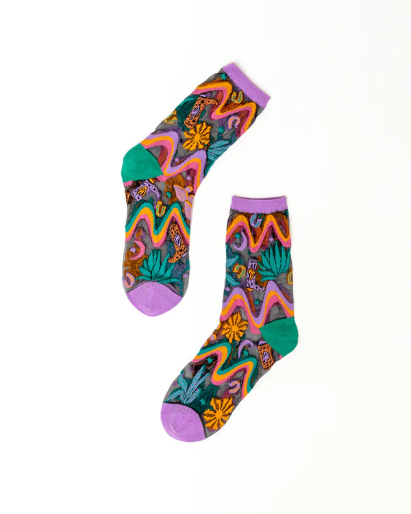 Fashion sock with squiggle line, horse shoe, boots, flower and agave