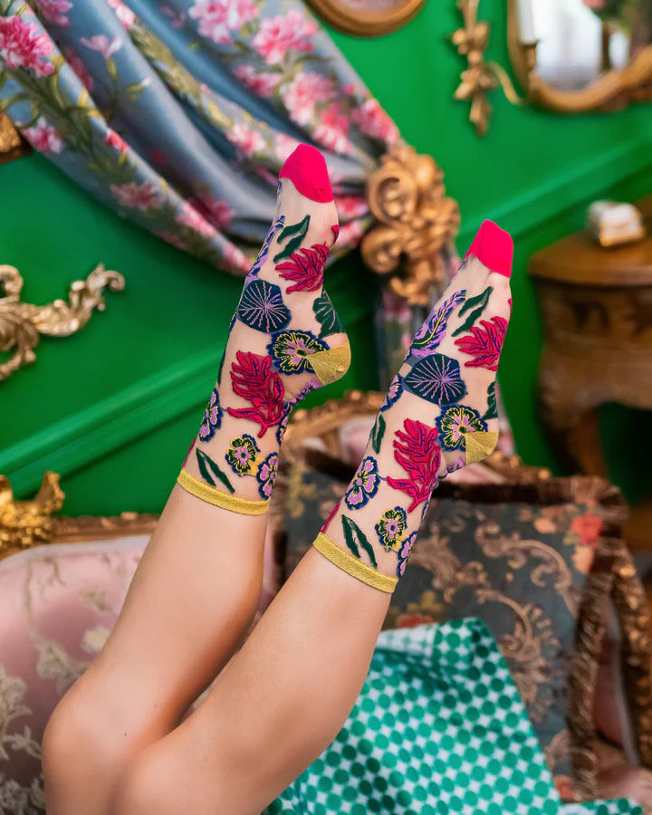 Fashion sock with sheer fabric and flower embroidery with leaves