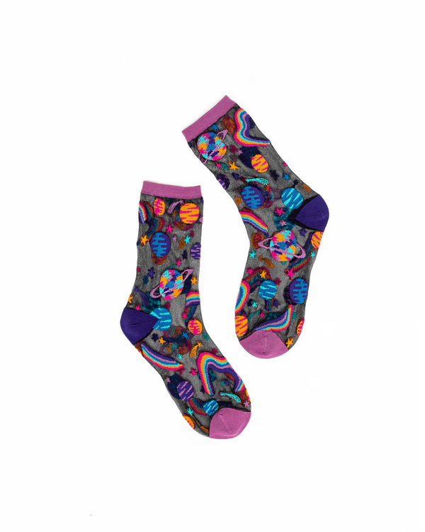SOCK CANDY Pop Art Planets Black Sheer Crew Sock